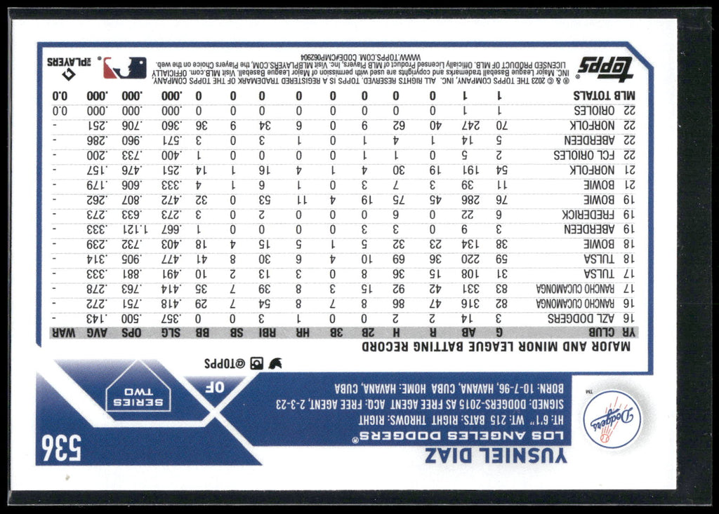 2023 Topps #536 Yusniel Diaz