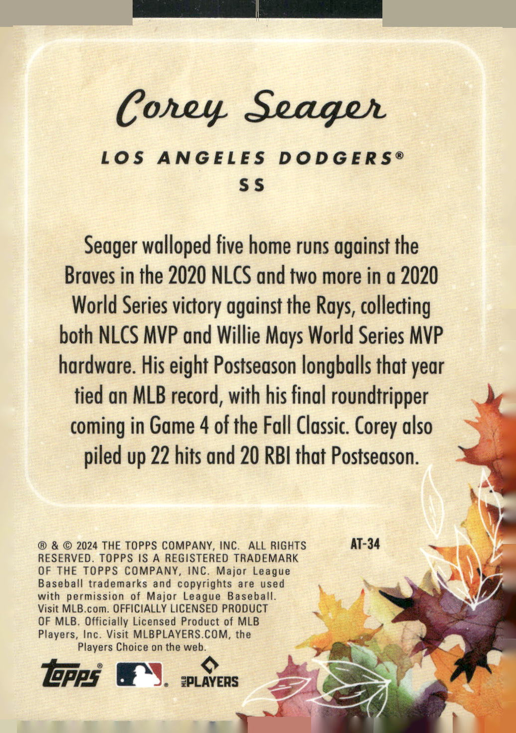 2024 Topps Update #AT-34 Corey Seager Autumn Tales