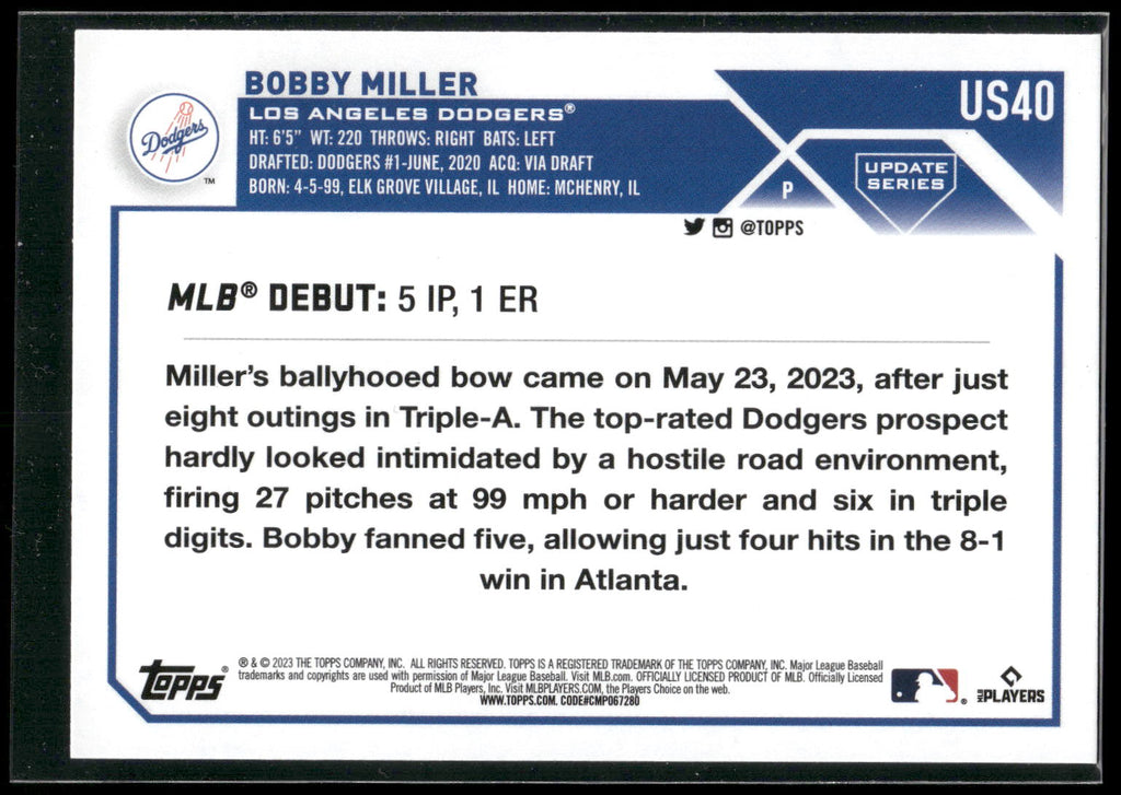 2023 Topps Update #US40 Bobby Miller
