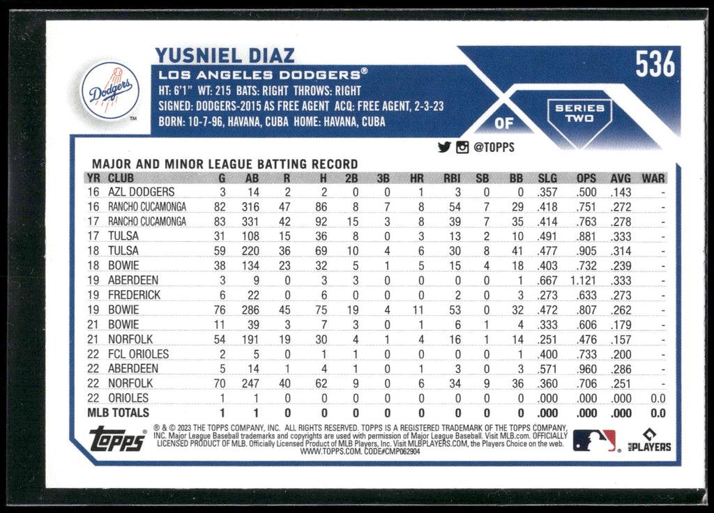 2023 Topps #536 Yusniel Diaz