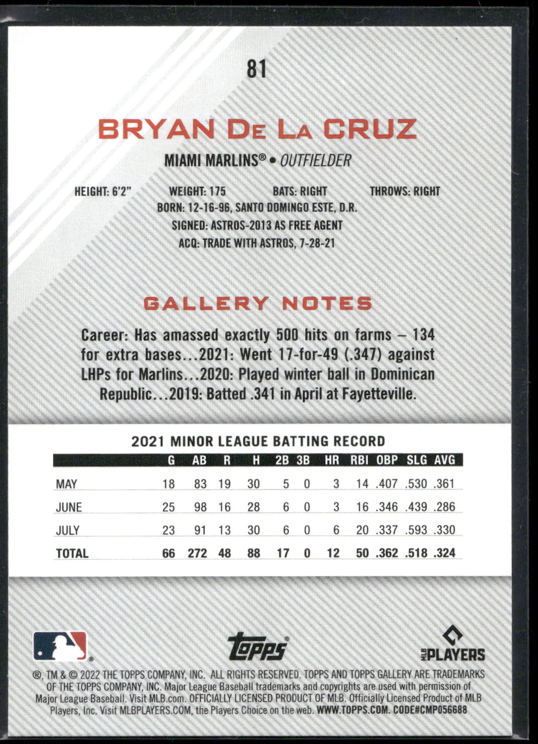 2022 Topps Gallery #81 Bryan De La Cruz