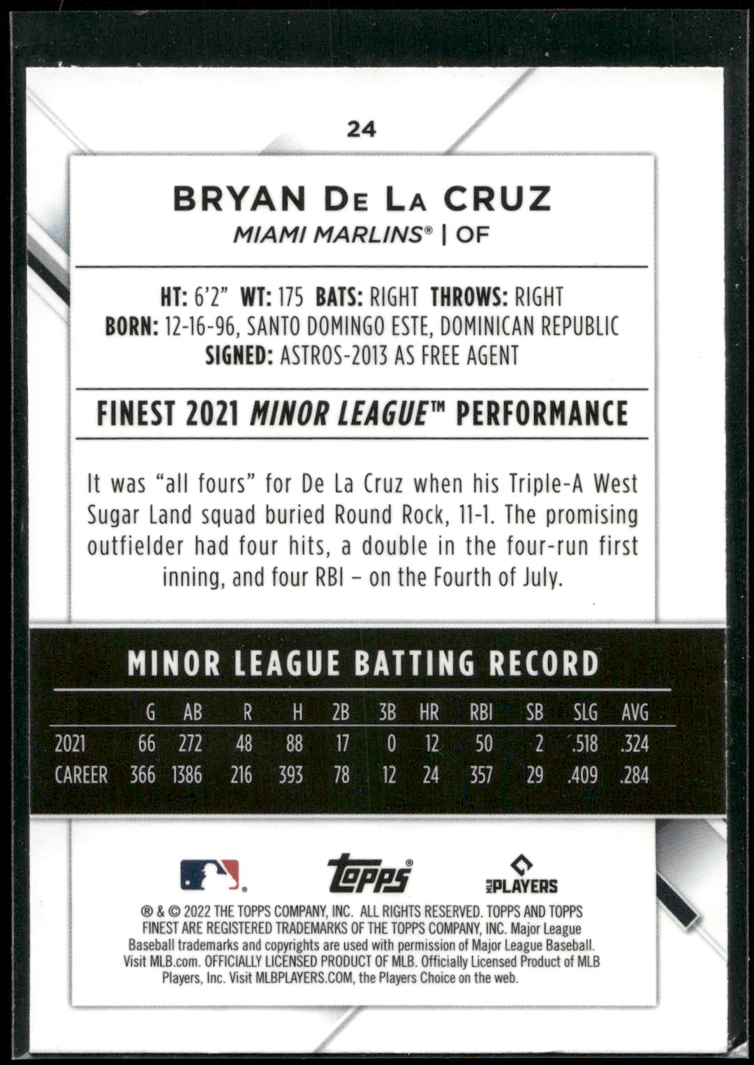 2022 Finest #24 Bryan De La Cruz