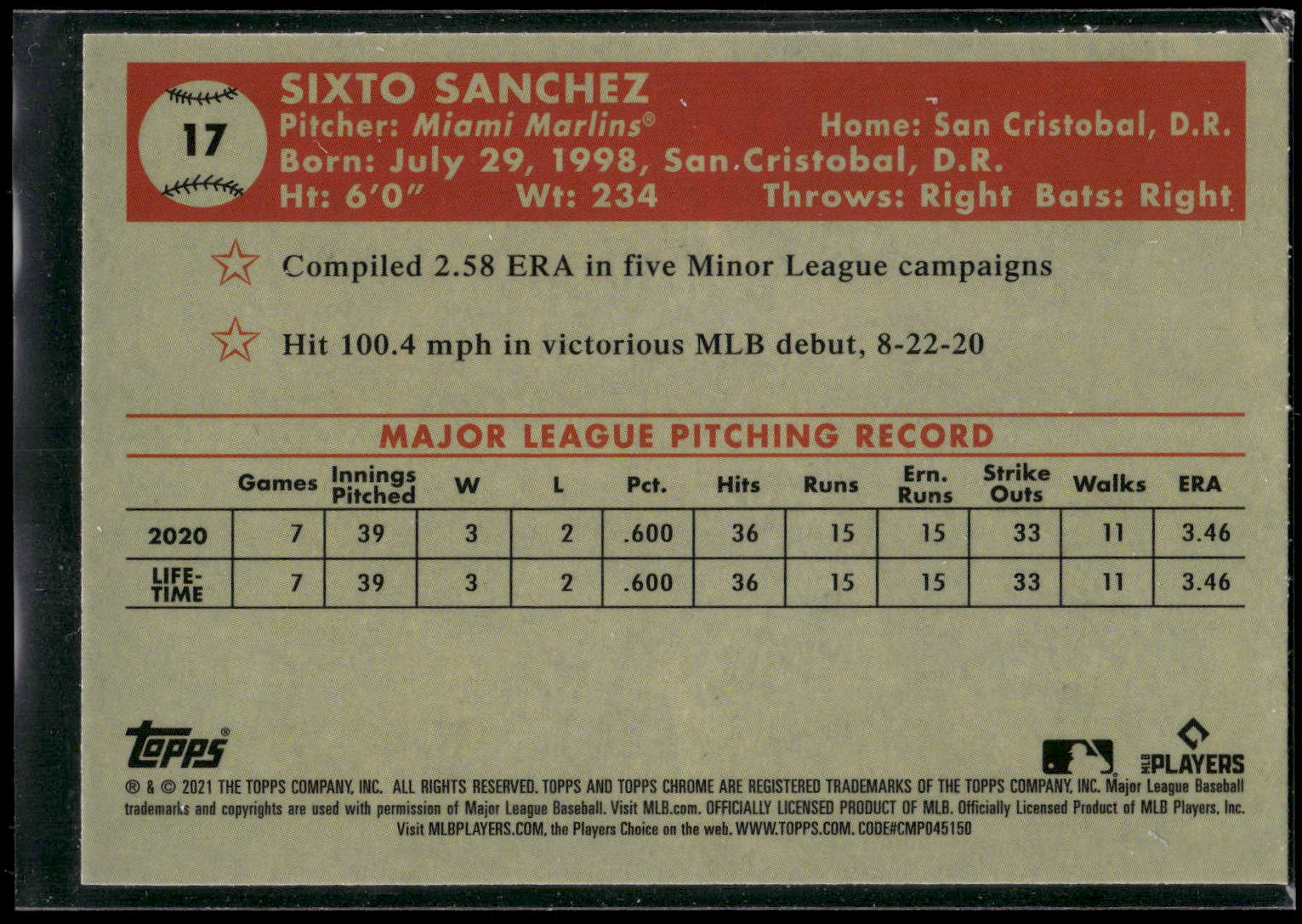 2021 Topps Chrome Platinum Anniversary #17 Sixto Sanchez