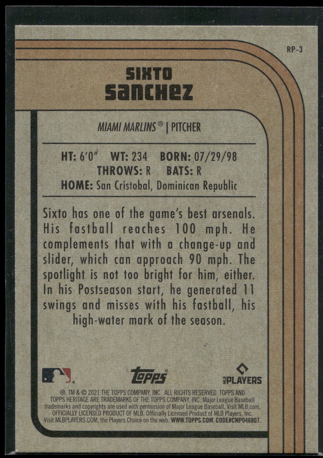 2021 Topps Heritage #RP-3 Sixto Sanchez Rookie Performers