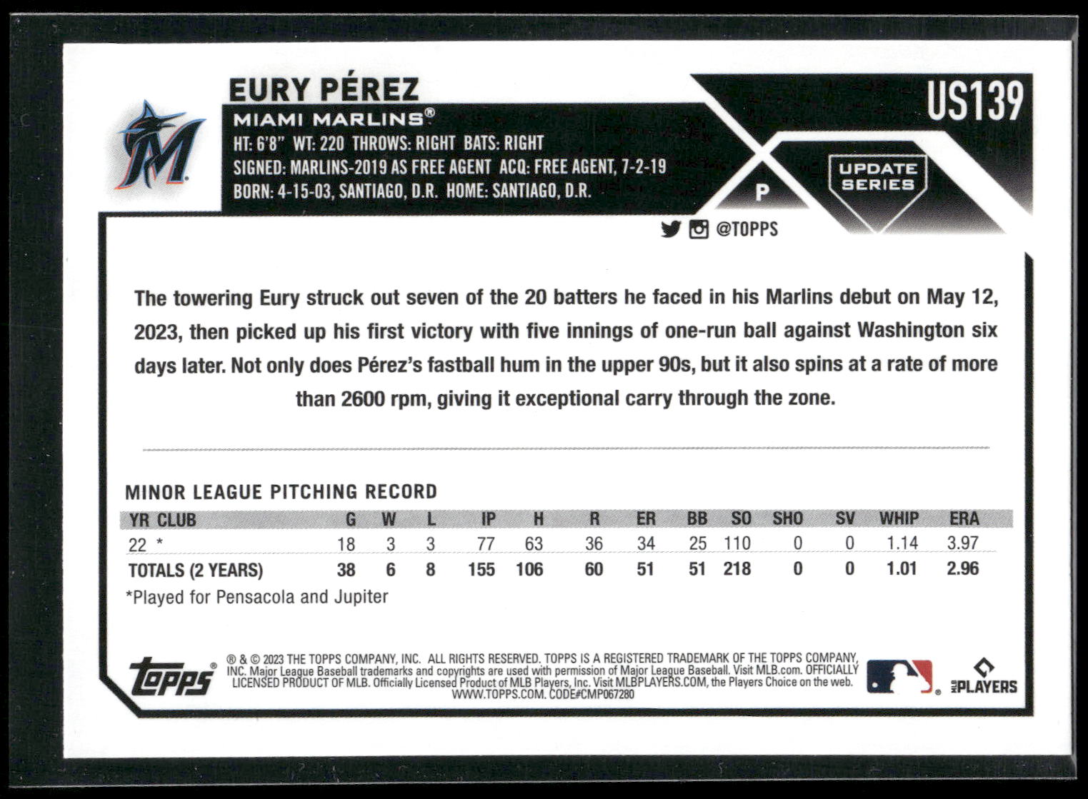 2023 Topps Update #US139 Eury Pérez