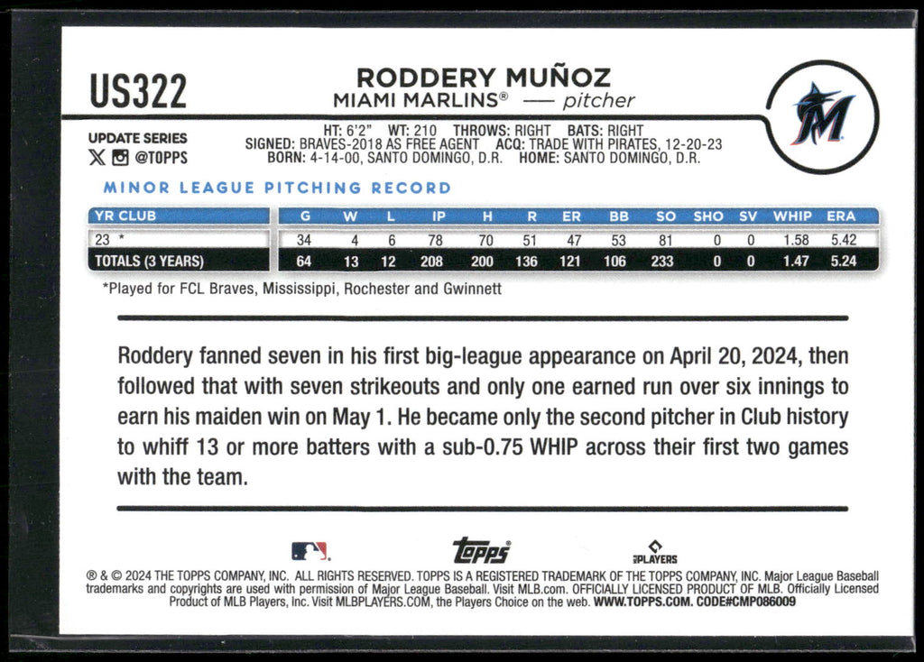 2024 Topps Update #US322 Roddery Muñoz