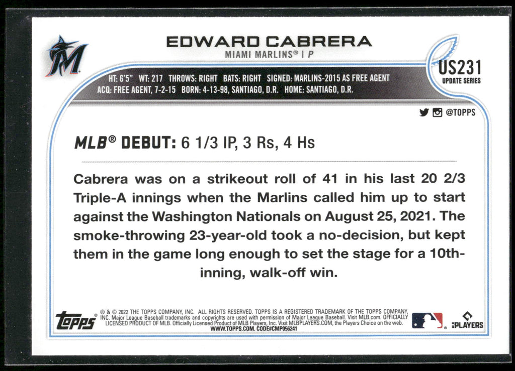 2022 Topps Update #US231 Edward Cabrera Gold Foil