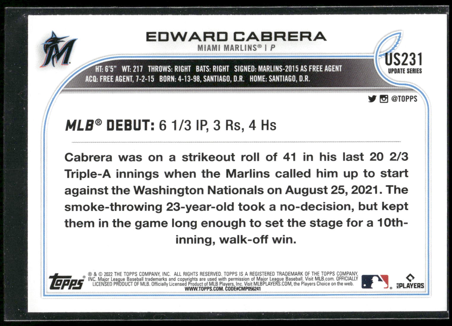 2022 Topps Update #US231 Edward Cabrera Gold Foil