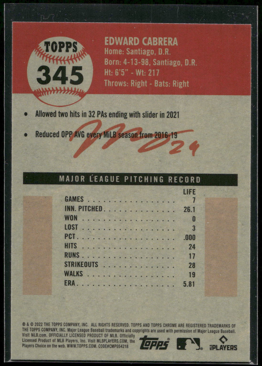 2022 Topps Chrome Platinum Anniversary #345 Edward Cabrera