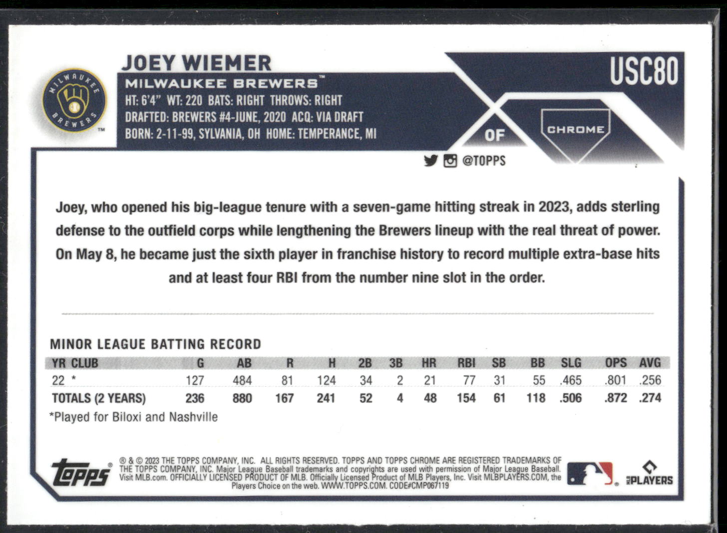 2023 Topps Chrome Update #USC80 Joey Wiemer
