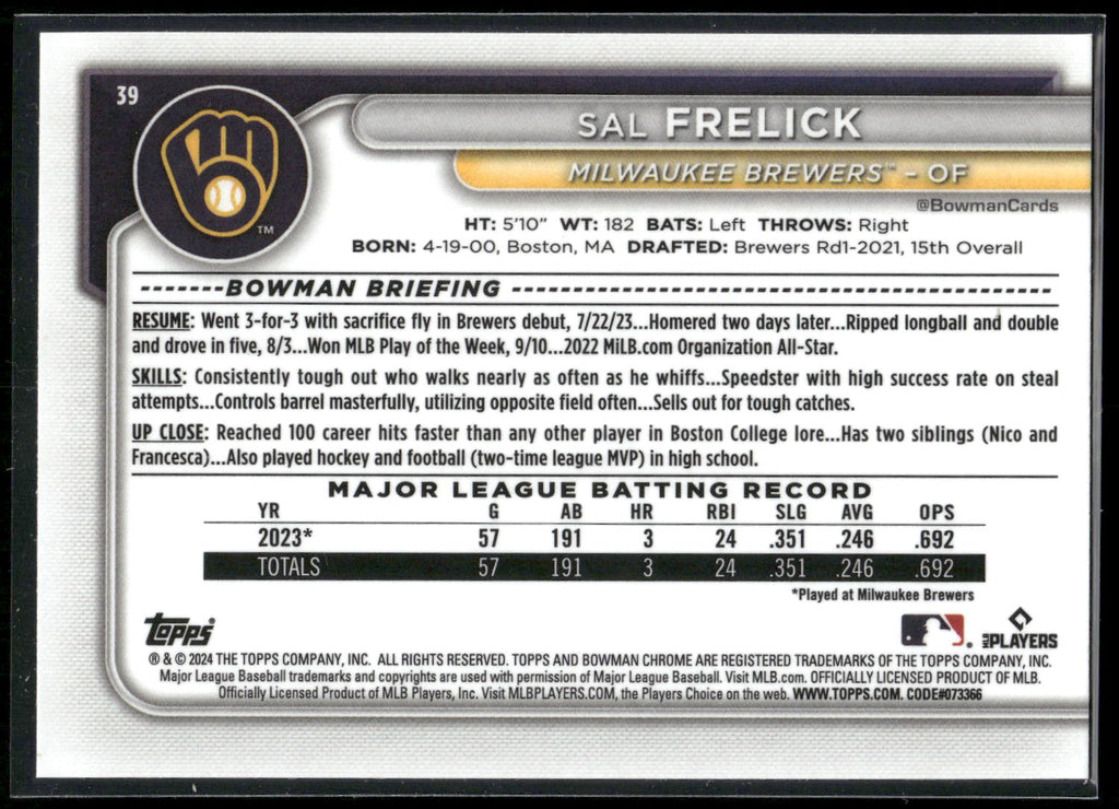 2024 Bowman #39 Sal Frelick Chrome Mojo Refractors