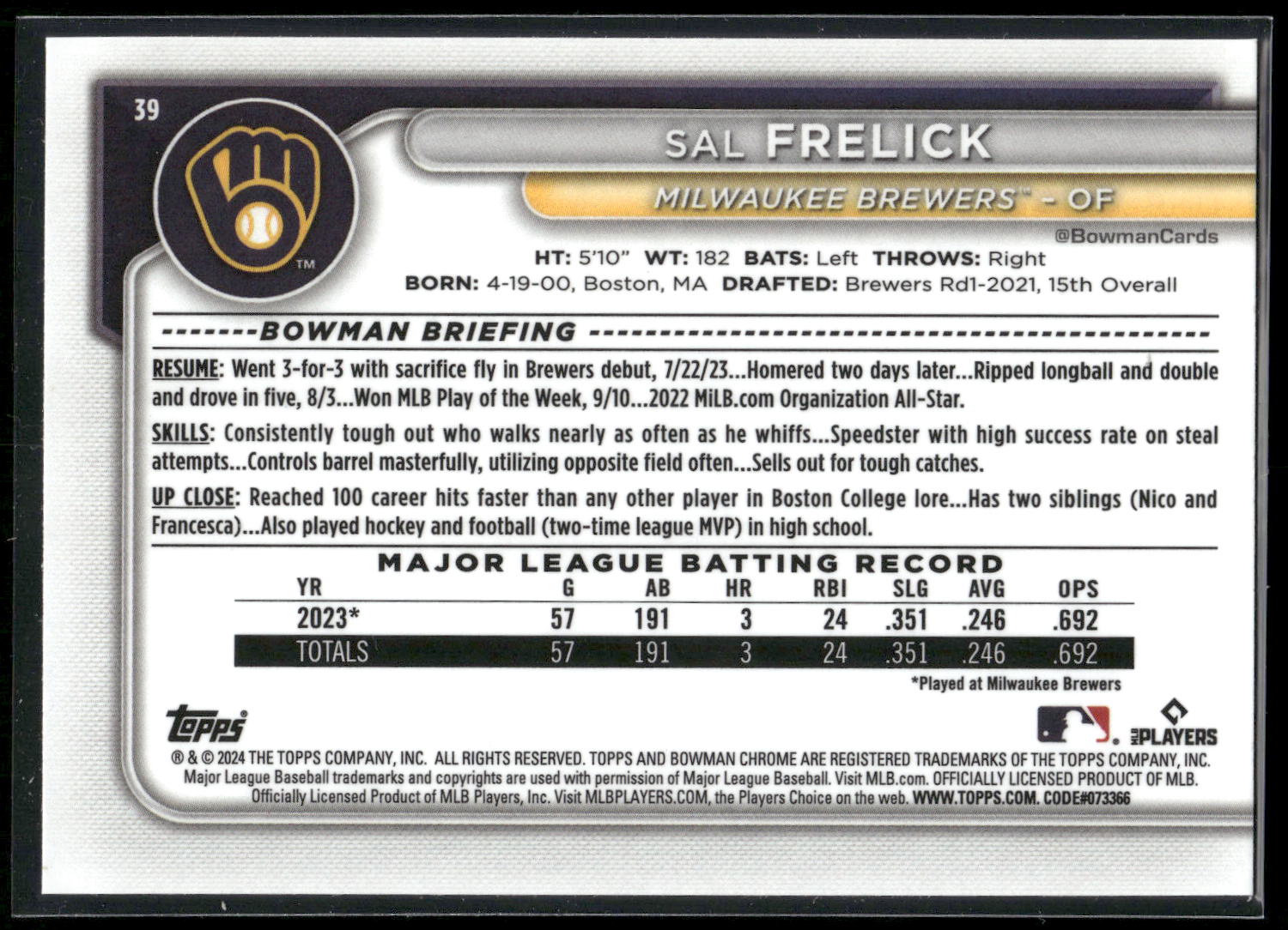 2024 Bowman #39 Sal Frelick Chrome Mojo Refractors