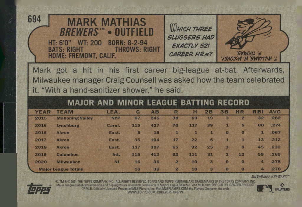 2021 Topps Heritage #694 Mark Mathias