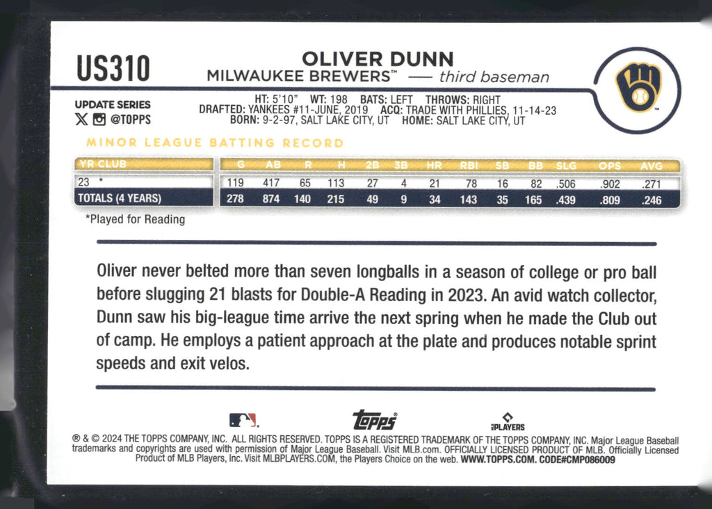 2024 Topps Update #US310 Oliver Dunn Yellow