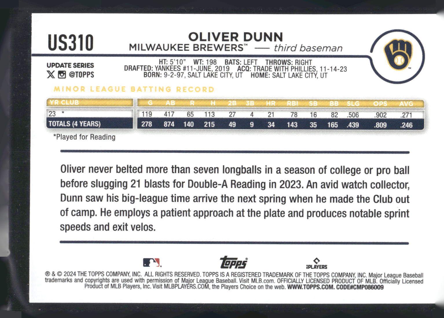 2024 Topps Update #US310 Oliver Dunn Yellow