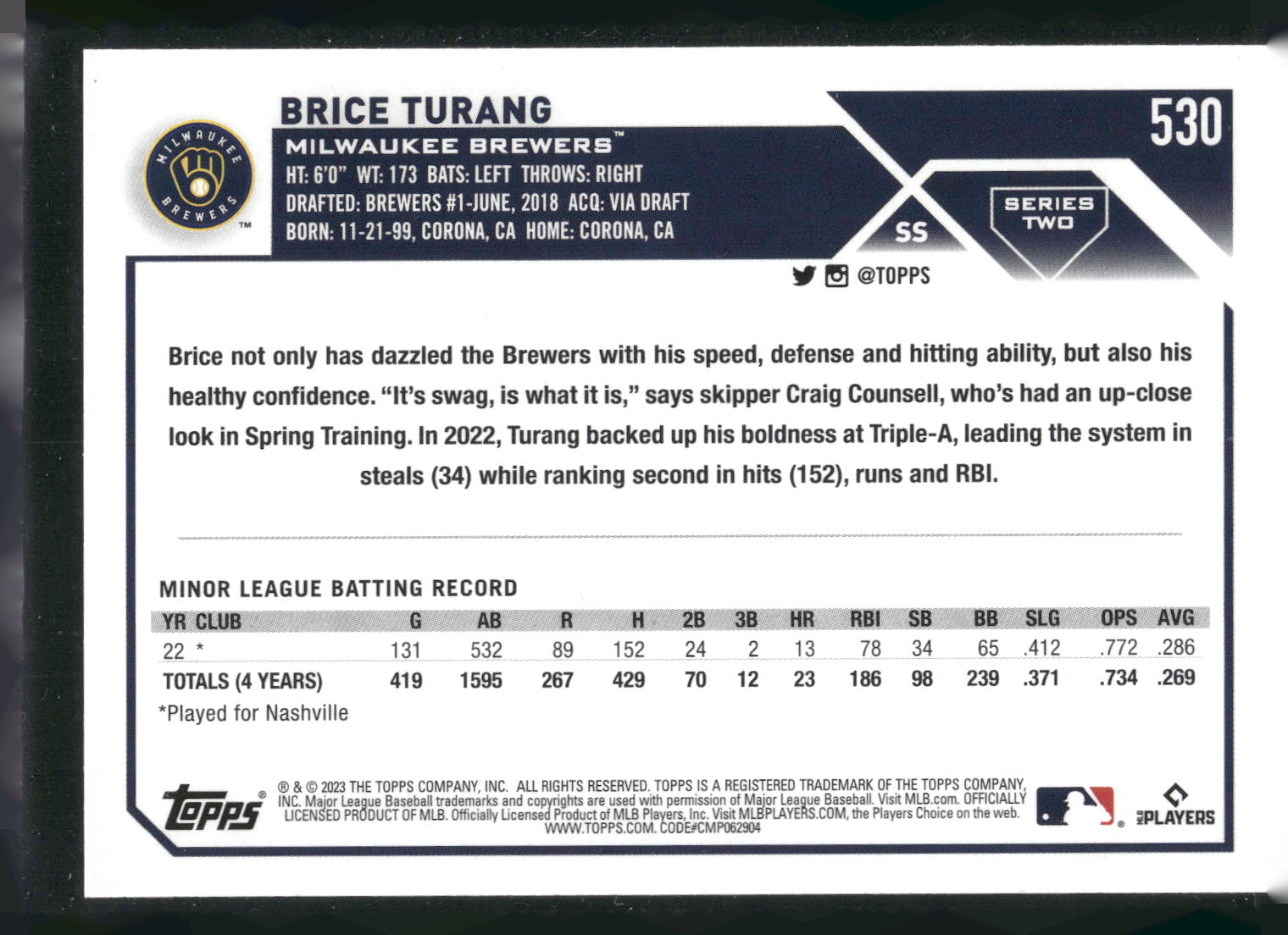2023 Topps #530 Brice Turang Gold Star
