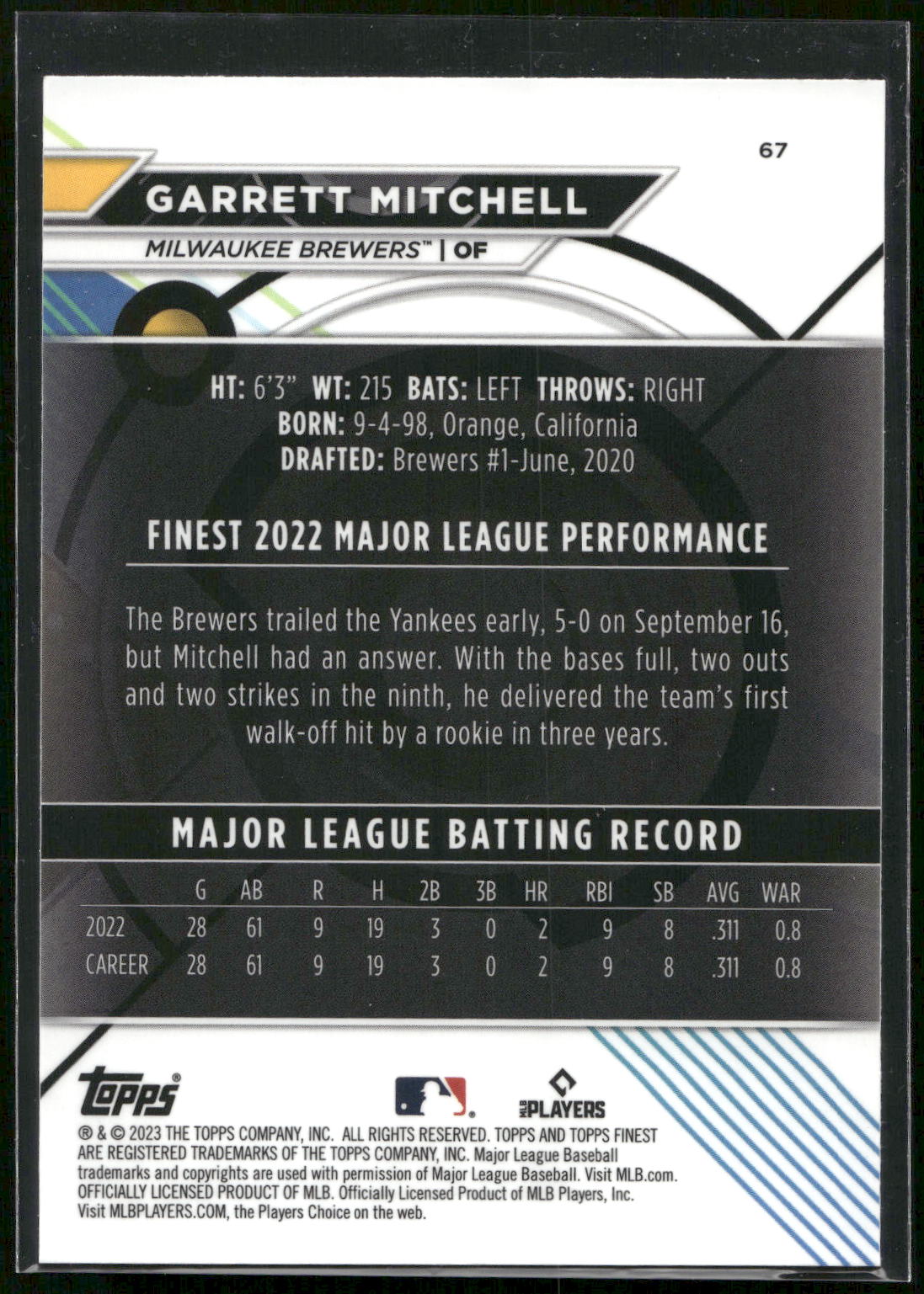 2023 Finest #67 Garrett Mitchell