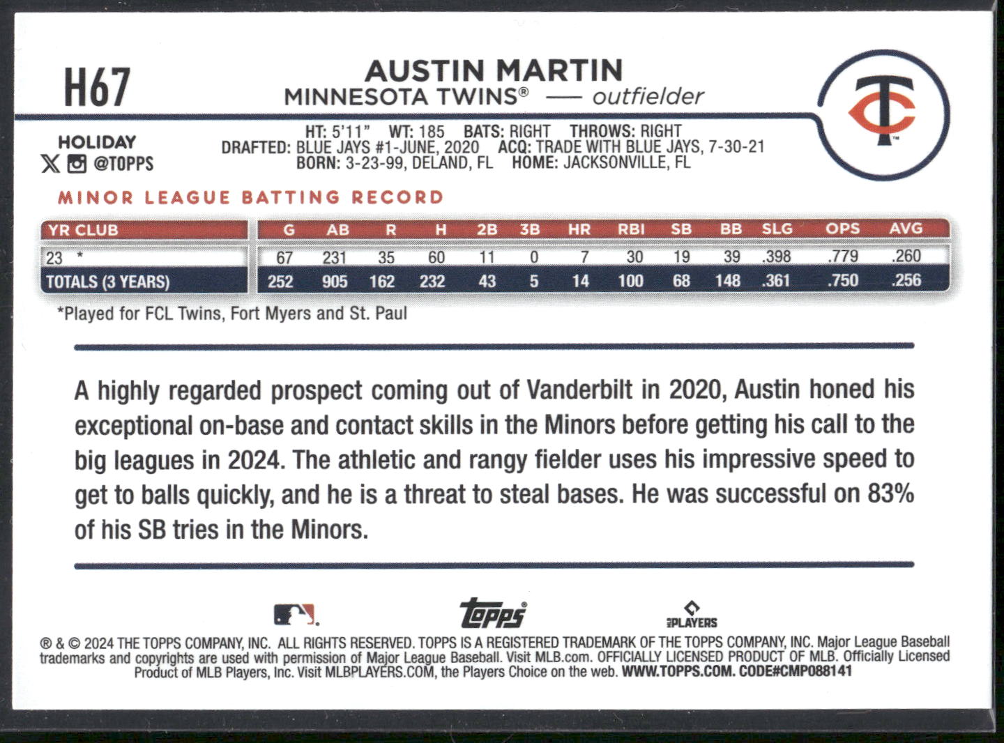 2024 Topps Holiday #H67 Austin Martin