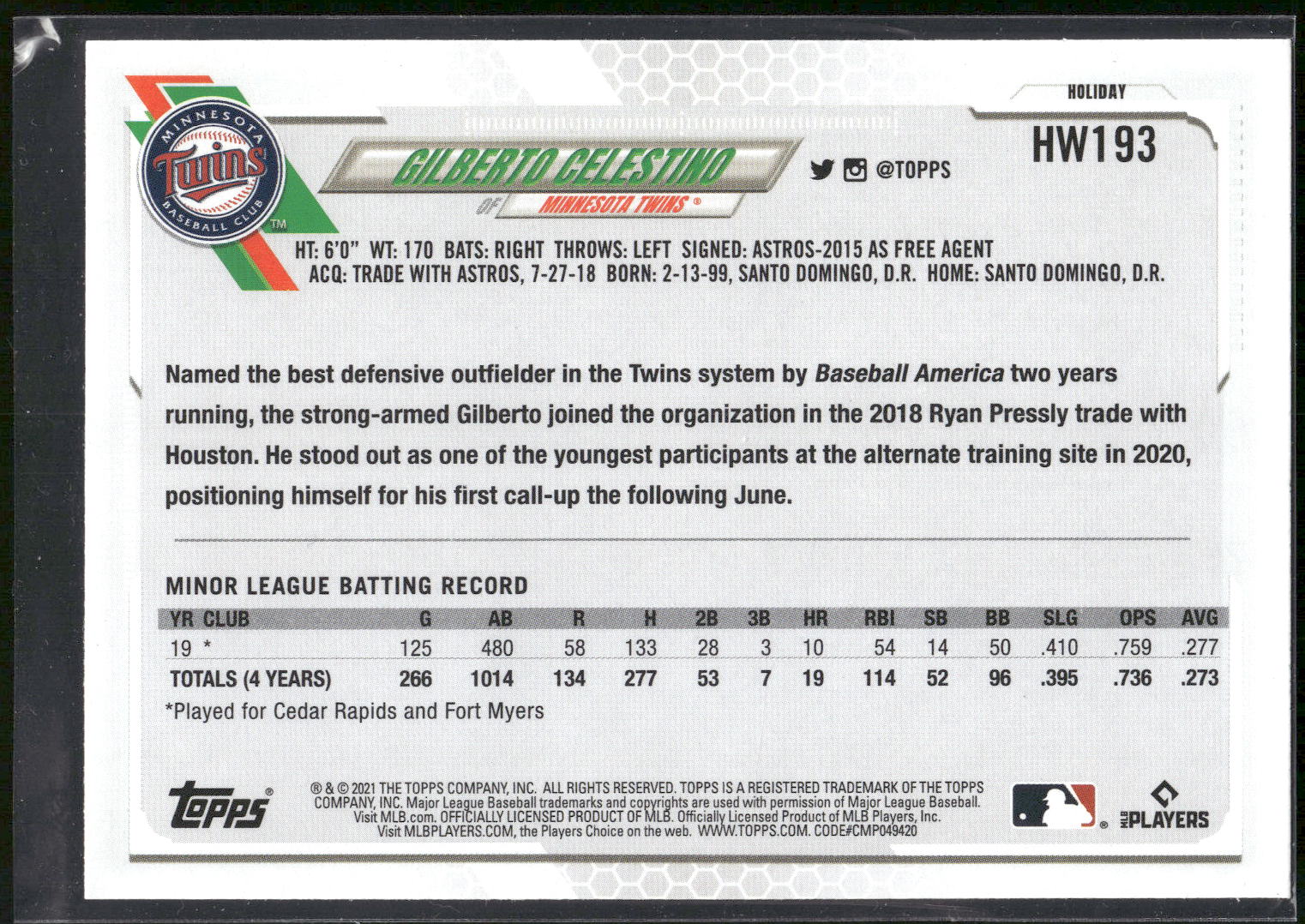2021 Topps Holiday #HW193 Gilberto Celestino