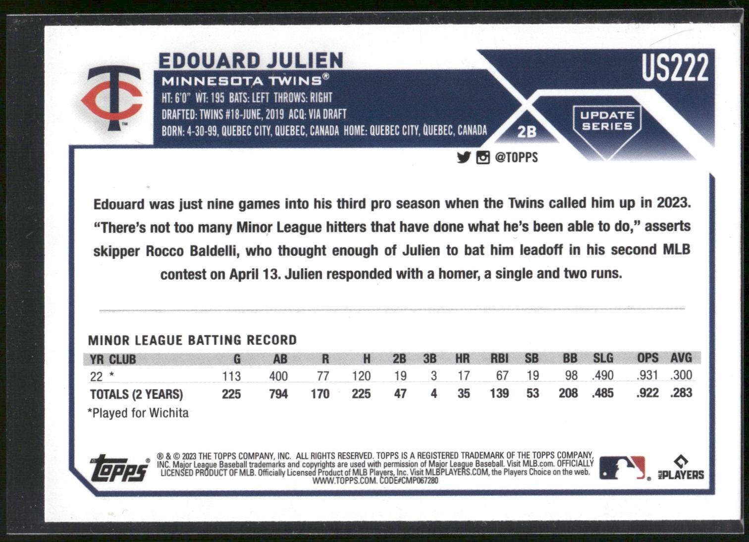 2023 Topps Update #US222 Edouard Julien