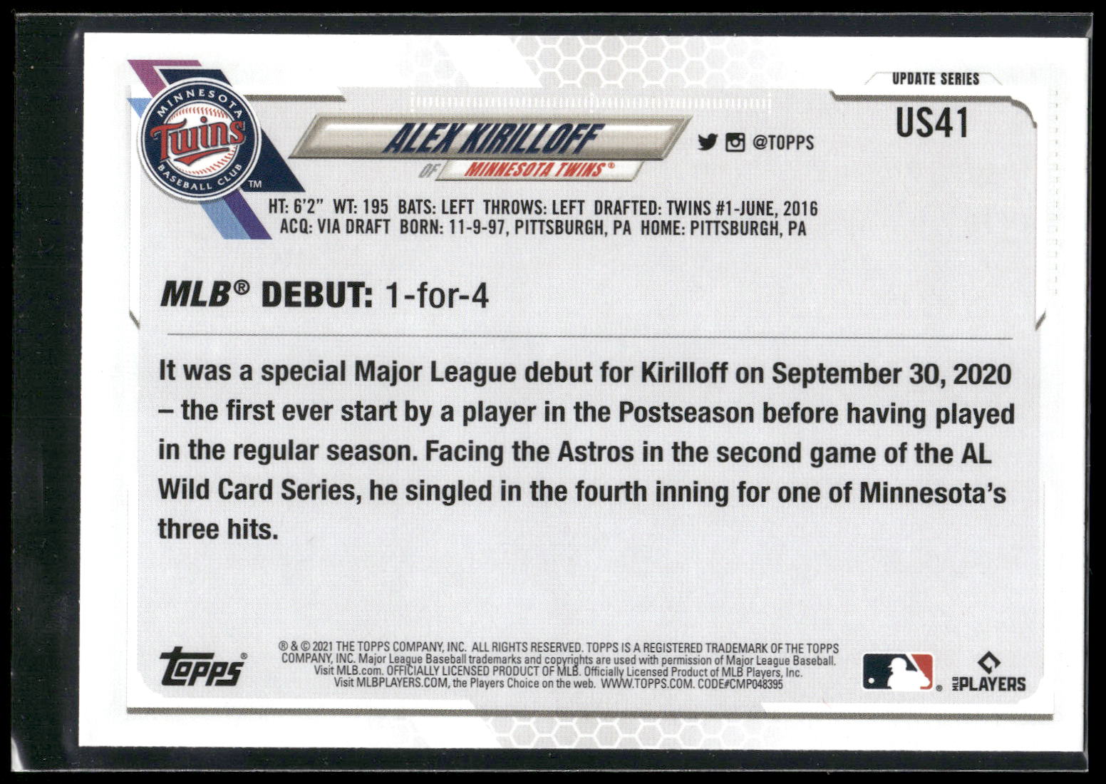 2021 Topps Update #US41 Alex Kirilloff