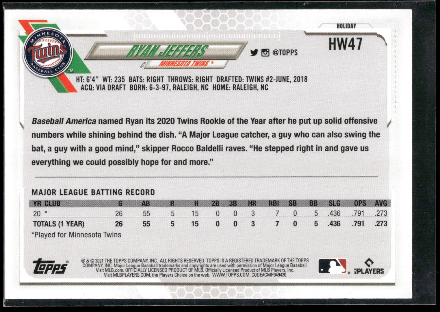 2021 Topps Holiday #HW47 Ryan Jeffers