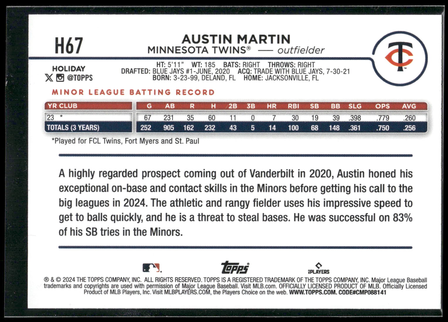 2024 Topps Holiday #H67 Austin Martin