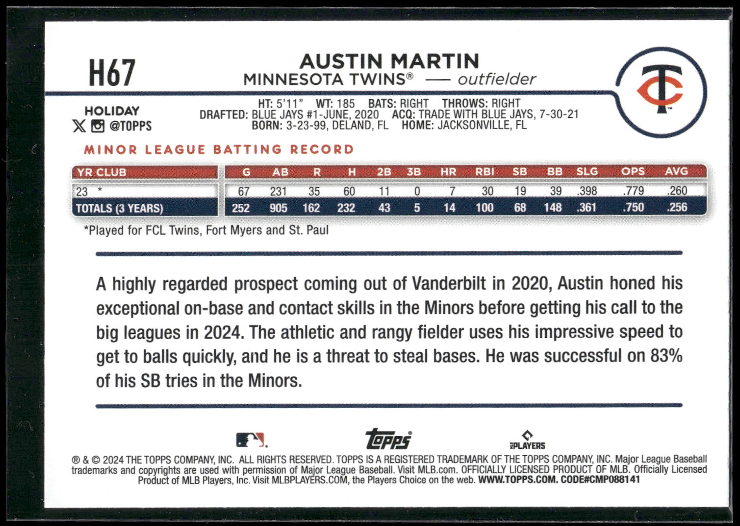 2024 Topps Holiday #H67 Austin Martin