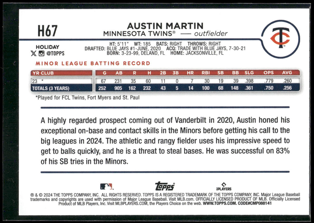 2024 Topps Holiday #H67 Austin Martin