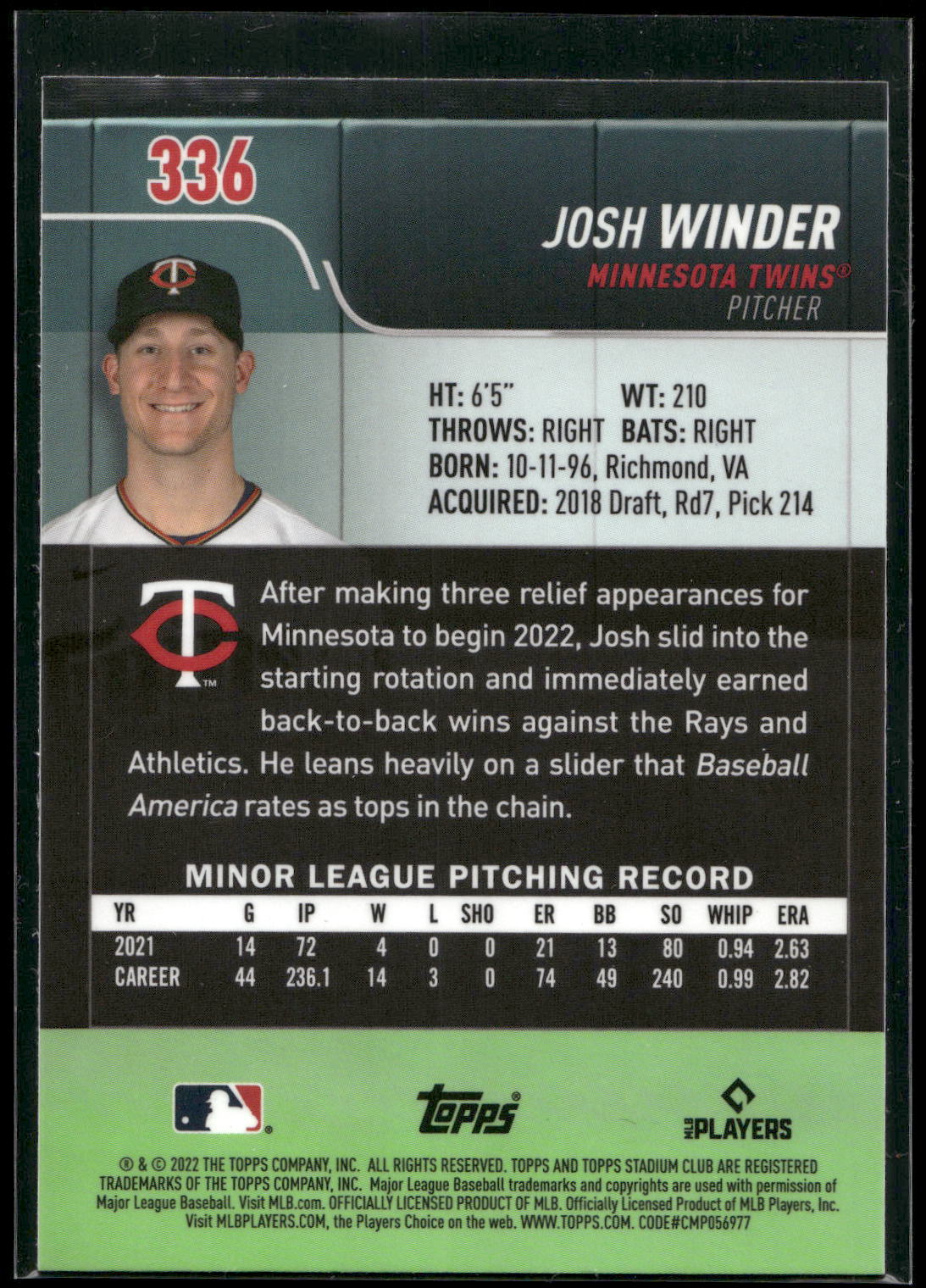 2022 Stadium Club Chrome #336 Josh Winder