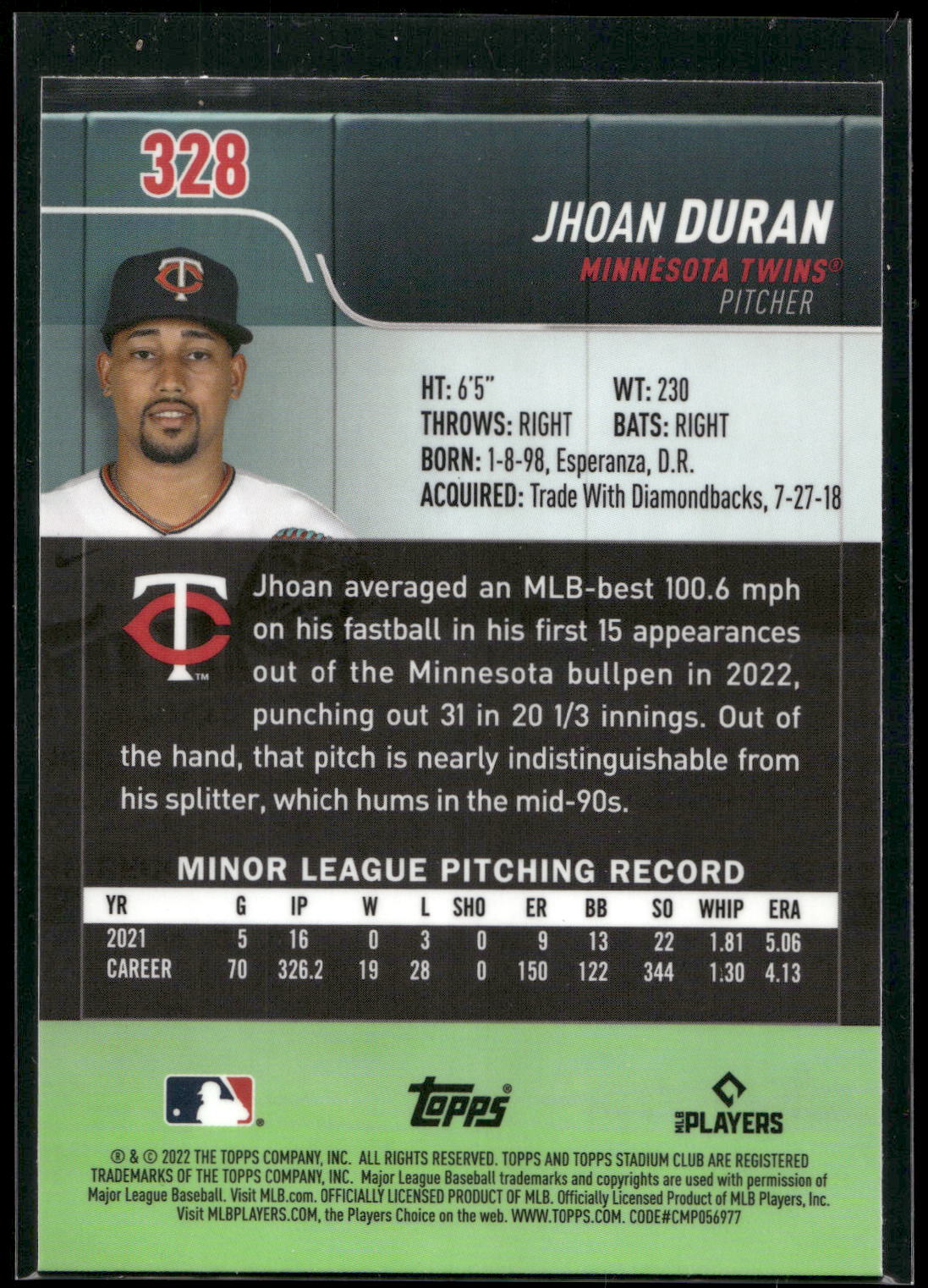 2022 Stadium Club Chrome #328 Jhoan Duran
