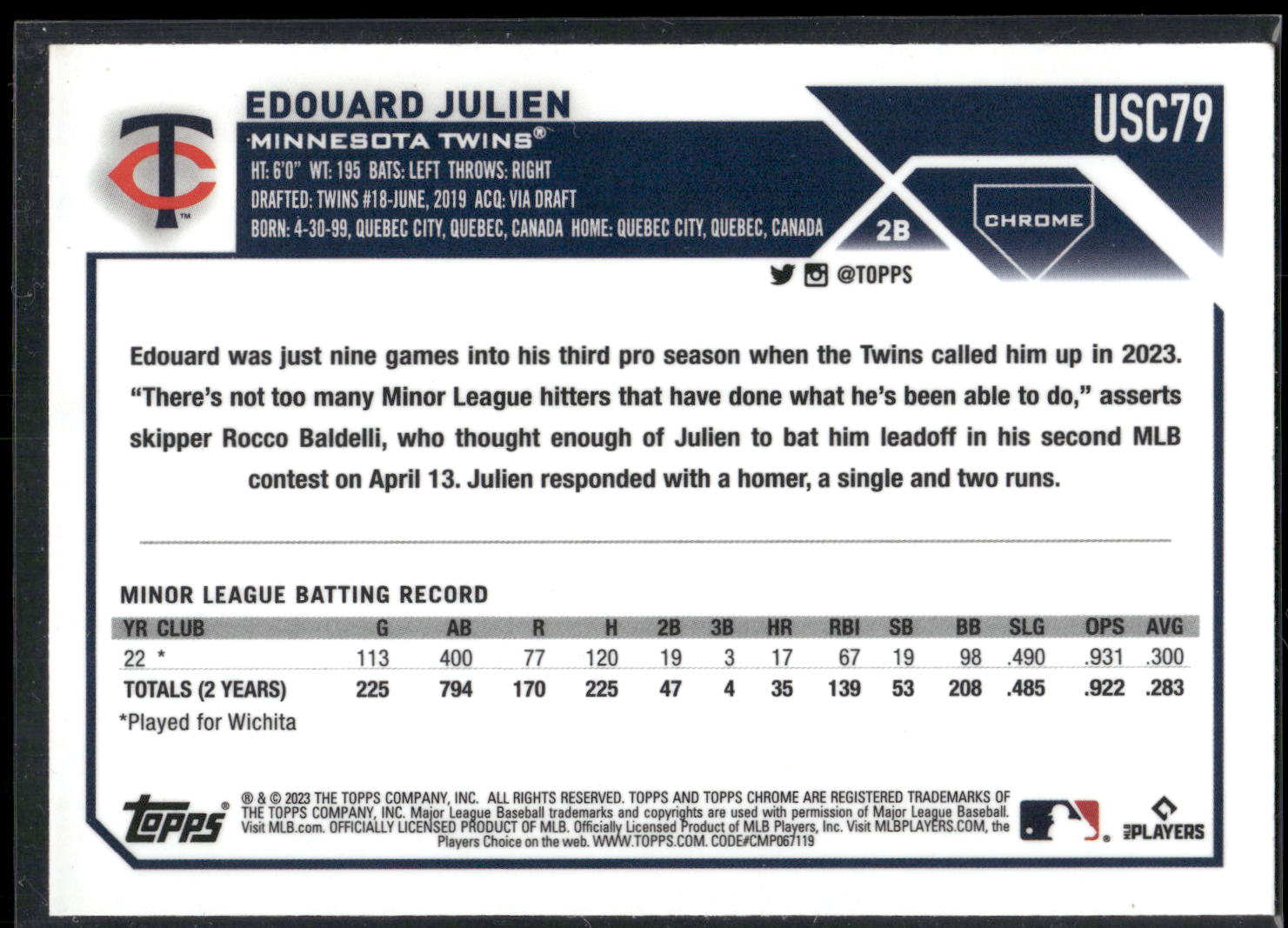 2023 Topps Chrome Update #USC79 Edouard Julien Sepia