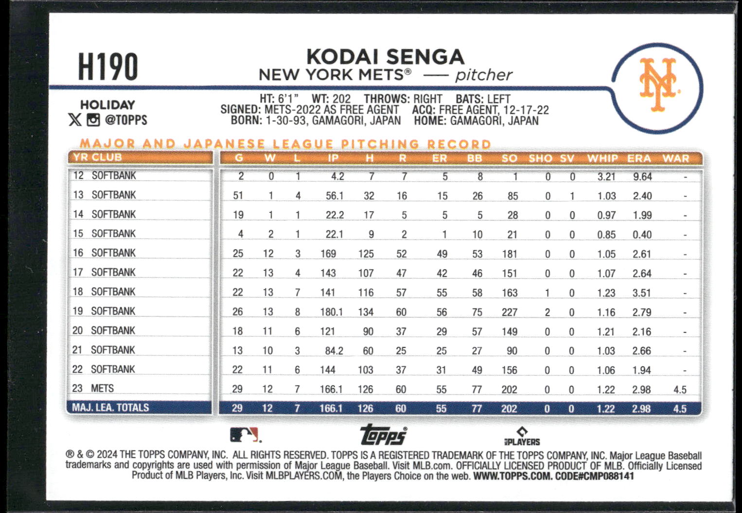 2024 Topps Holiday #H190 Kodai Senga