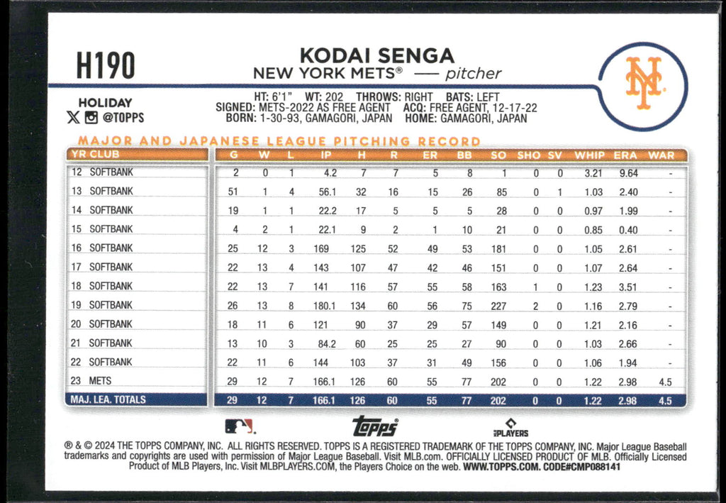 2024 Topps Holiday #H190 Kodai Senga