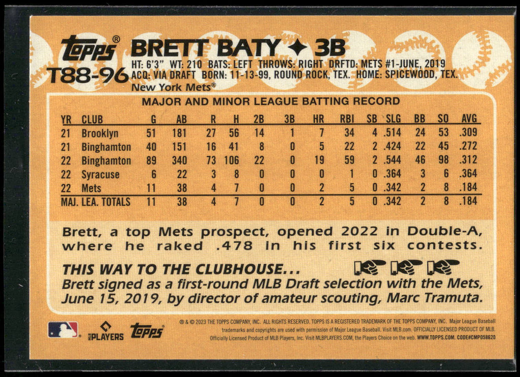 2023 Topps #T88-96 Brett Baty 1988 Topps Baseball 35th Anniversary (Series One)
