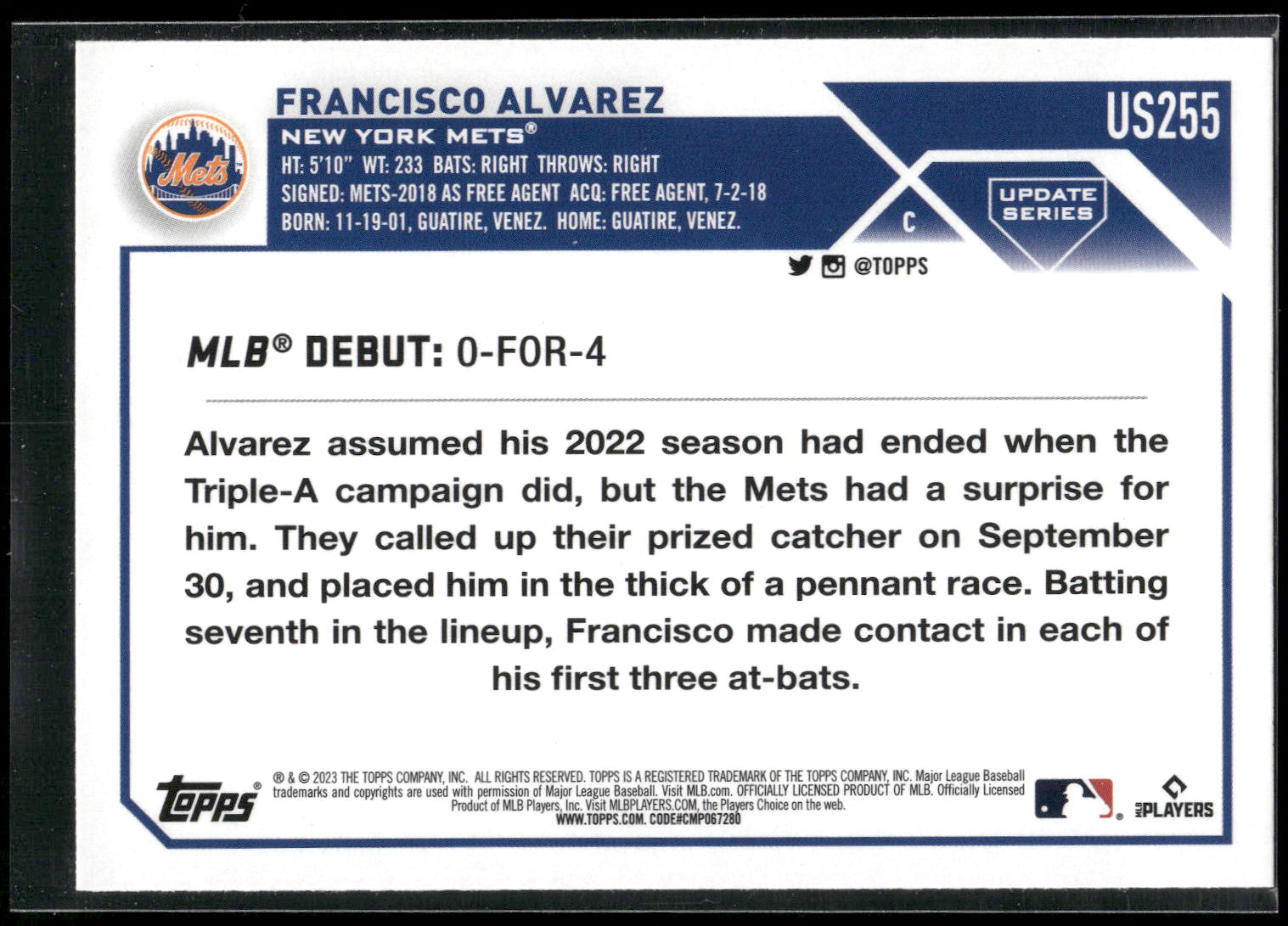 2023 Topps Update #US255 Francisco Alvarez