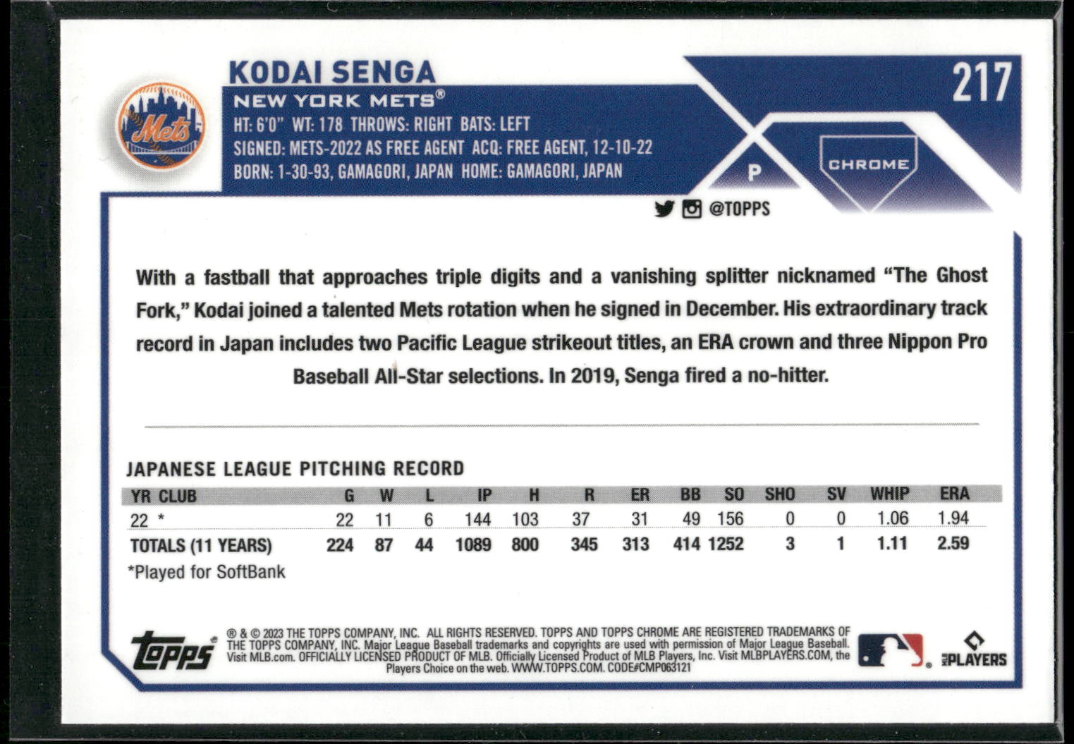 2023 Topps Chrome #217 Kodai Senga