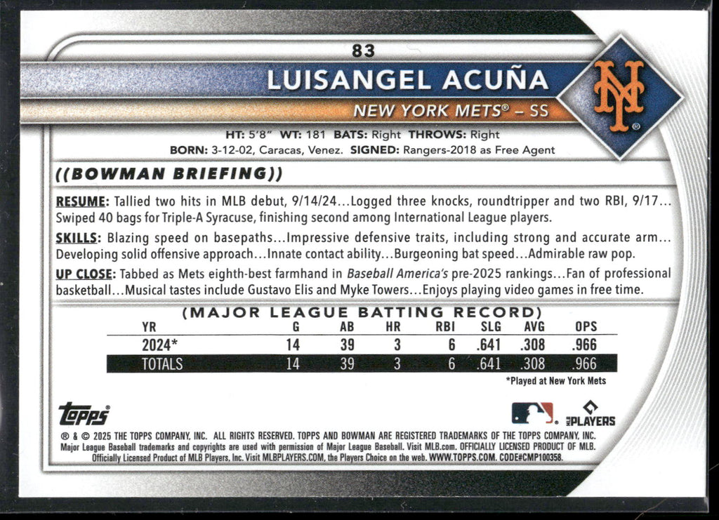 2025 Bowman #83 Luisangel Acuña
