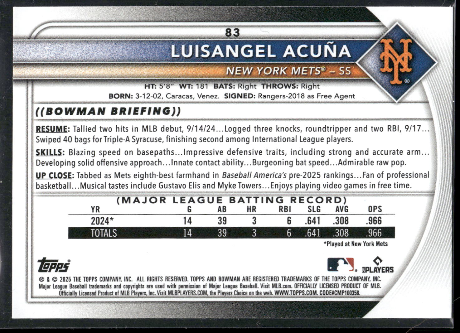 2025 Bowman #83 Luisangel Acuña