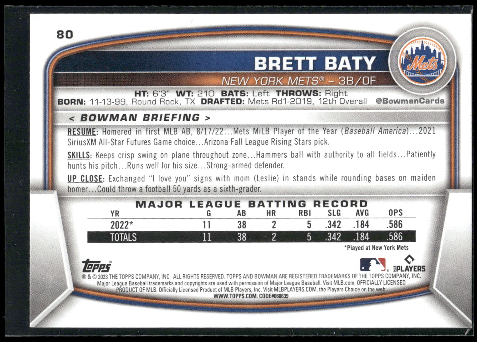 2023 Bowman #80 Brett Baty