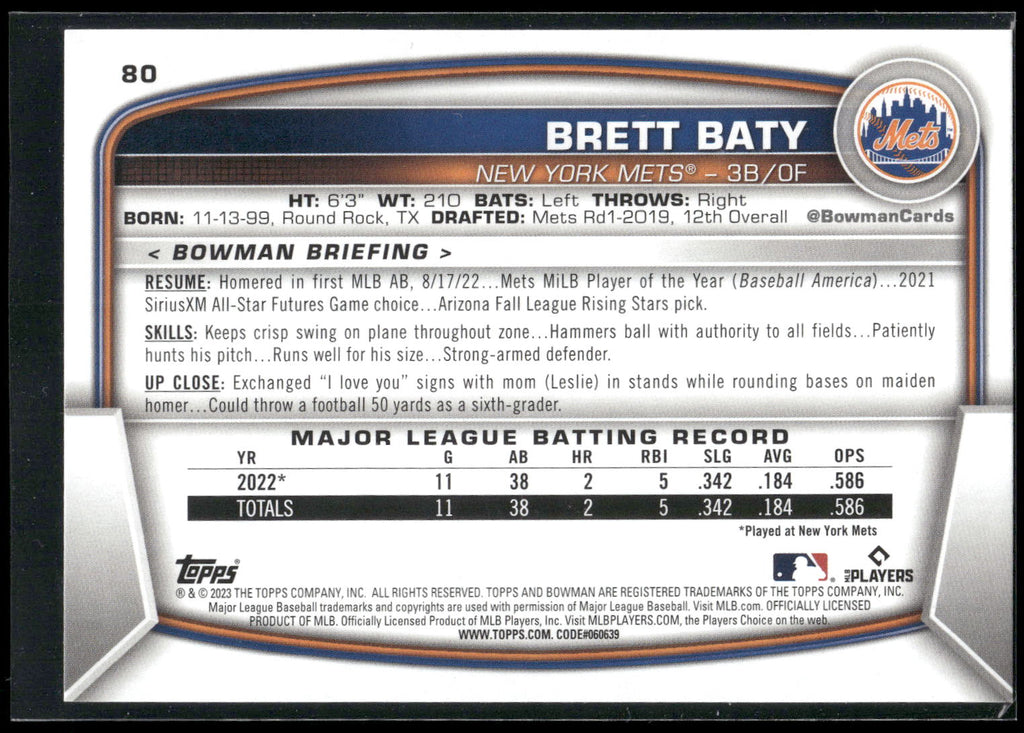 2023 Bowman #80 Brett Baty