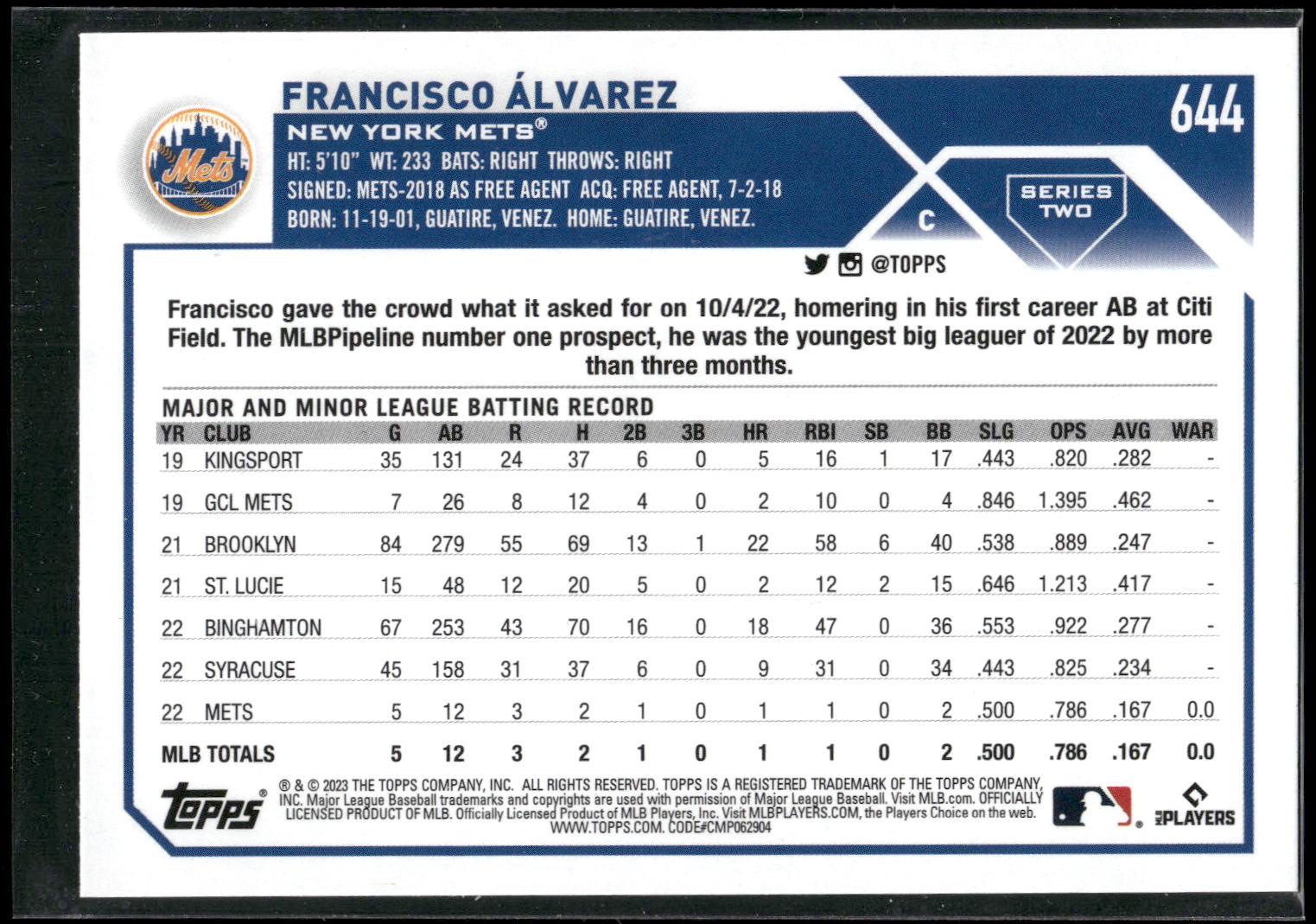 2023 Topps #644 Francisco Álvarez