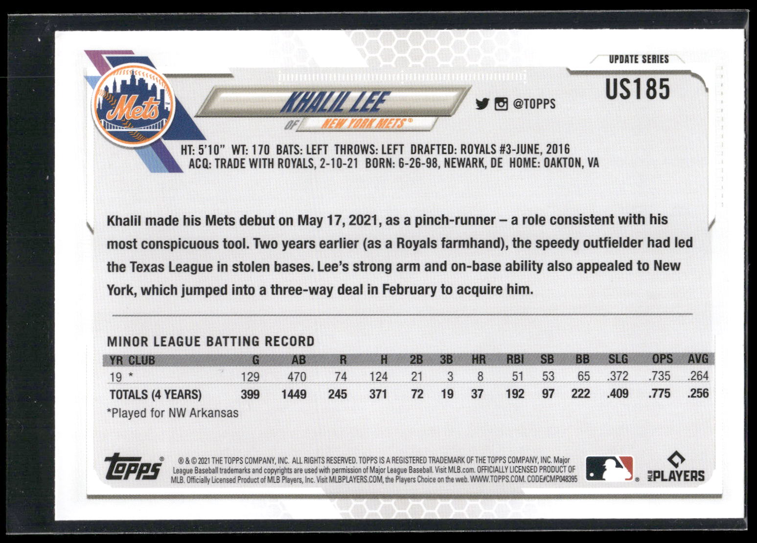 2021 Topps Update #US185 Khalil Lee