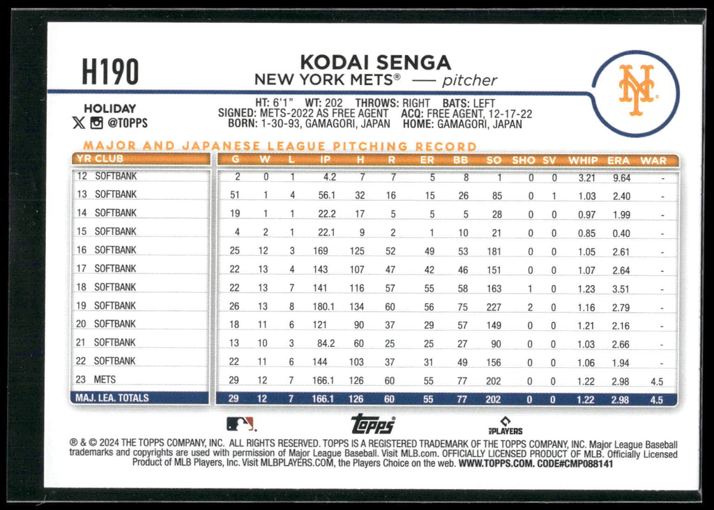 2024 Topps Holiday #H190 Kodai Senga