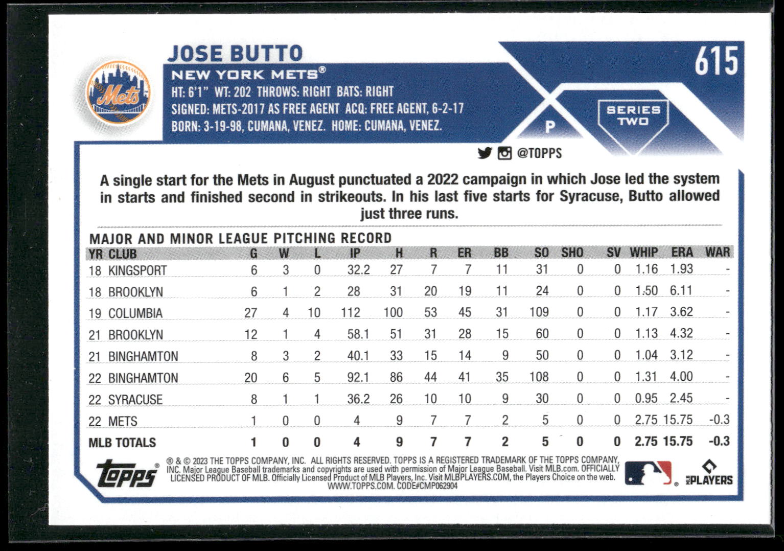 2023 Topps #615 Jose Butto