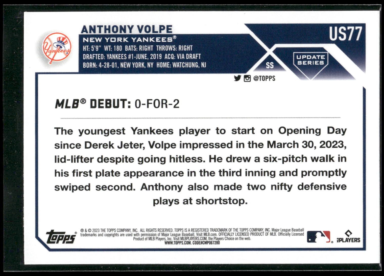 2023 Topps Update #US77 Anthony Volpe