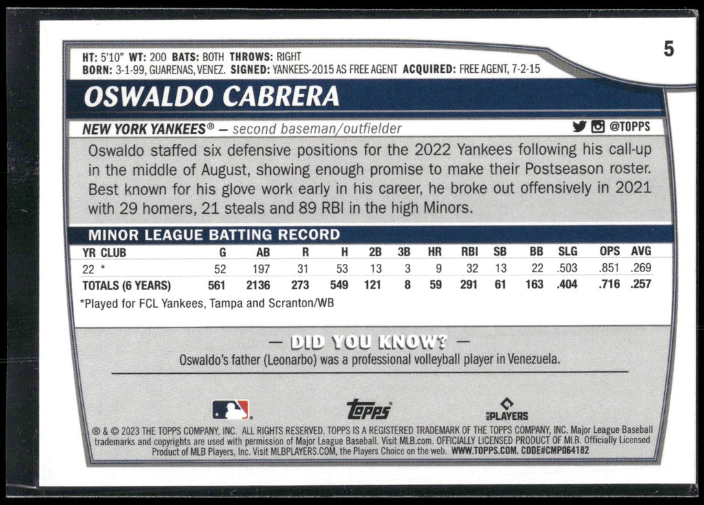 2023 Topps Big League #5 Oswaldo Cabrera