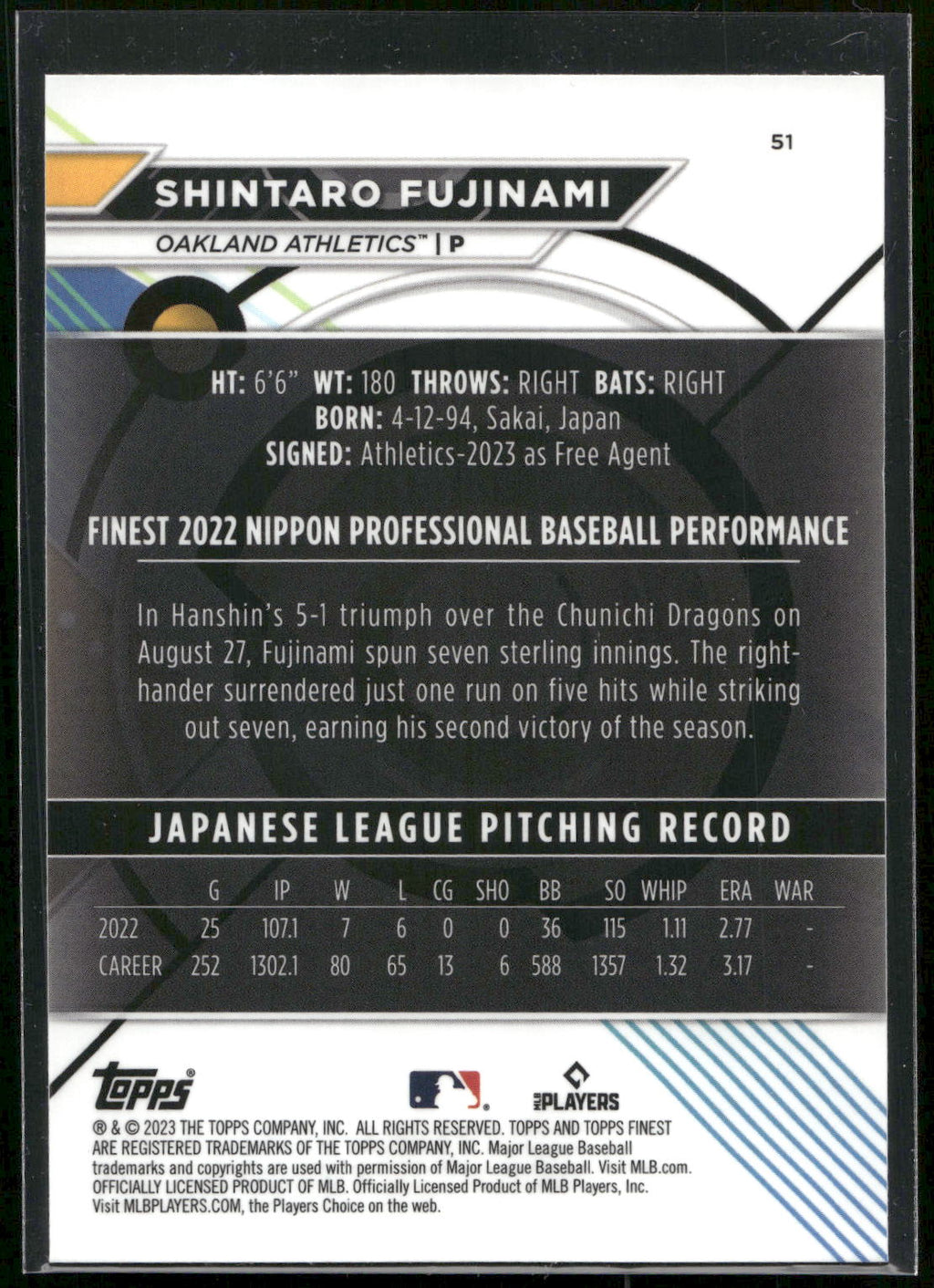 2023 Finest #51 Shintaro Fujinami