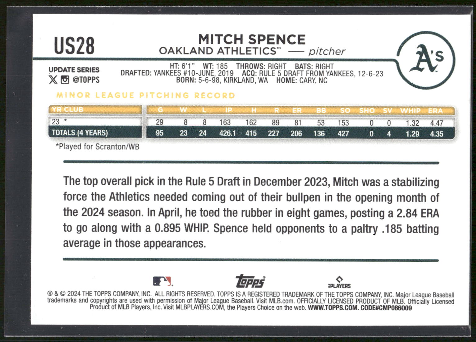 2024 Topps Update #US28 Mitch Spence Yellow