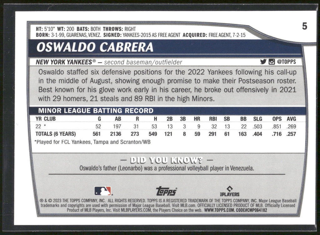 2023 Topps Big League #5 Oswaldo Cabrera